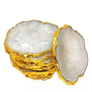 Natural <b>White</b> Agate Polished <b>Coaster</b> With Gold Edge Electroplating Salt Slice Crystal Healing <b>Coasters</b> Love For Home Decoration - Product Image 1