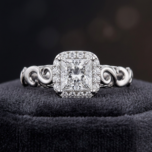IGI Certified Princess Cut Lab Grown Diamond Halo Scrollwork <b>Ring</b> 10K 14K 18K <b>Gold</b> 925 935 Silver <b>Vintage</b> Engagement <b>Ring</b> - Product Image 1