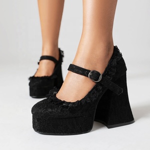 Newly Lace Pumps Thick Platform Chunky High Heels Shoes <b>Square</b> Toe Women Buckle Strap Mary Jane Sandals - Product Image 2