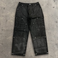 Pantalon en jean pour hommes, surdimensionné personnalisé, double genou 3D gaufré, stretch, noir, wax, jambe large, pantalon baggy