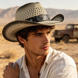 Hollow Out Western Straw Cowboy <b>Hat</b> Breathable Panama Sun <b>Hat</b> Outdoor UV Protection Jazz Beach Cap - Product Image 3