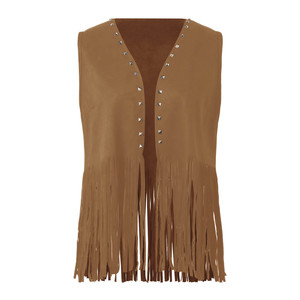 <strong>Women</strong> Vintage <strong>Sleeveless</strong> Faux Suede Fringe Vest Rivets Leather Western Boho Tassel Jacket Open Front Hippie <strong>Cardigan</strong> - Product Image 6
