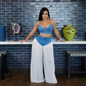 Bộ đồ nữ thời trang mùa hè: Áo <span class=keywords><strong>cami</strong></span> cổ V phối denim xếp ly và quần chiffon, phong cách châu Âu, hai mảnh - Product Image 4