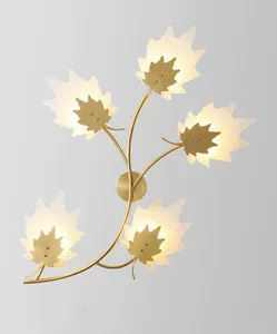 Nordic Modern Antique Decorative Light Brass Aluminum Maple Leaf Crystal Led House Outdoor Wall Lamp