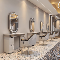 Grande Station de Coiffure/Maquillage Complète, Or, avec Miroir LED et Table, pour Salon de Coiffure ou Barber Shop