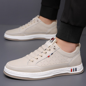 Men's White <b>Sneakers</b> <b>Leather</b> Low Heel Breathable Office Casual Shoes - Product Image 3