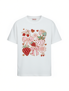 T-Shirt Lolita blanc à imprimé fraises pour femmes, manches courtes, col rond, Style bohème, tenue décontractée pour la saint-valentin, tenue de printemps - Product Image 1
