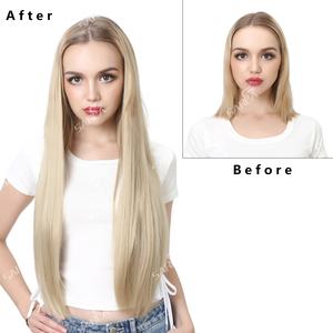 Vente en gros 28 "vendeur longue pince à cheveux synthétique droite en fibre résistant à la chaleur en 3/4 demi-perruque demi-partie U partie extensions de perruques - Product Image 2