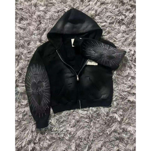 Sweat à capuche zippé pour homme en molleton bouclette 100% coton, coupe droite, uni, brodé, coupe ample, effet délavé à l'acide - Product Image 1