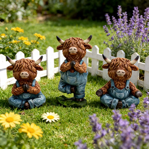Statuette mignonne de vache des Highlands en résine, en salopette bleue en jean, mini figurine de vache des Highlands pour décoration intérieure et extérieure de jardin - Product Image 1