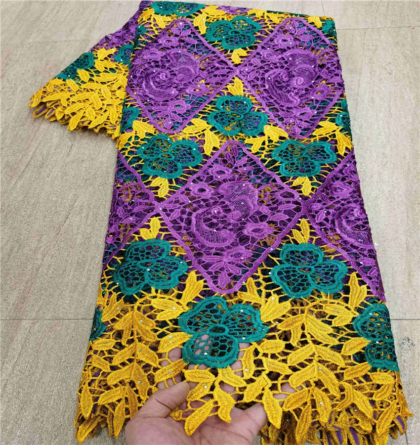 Good quality multi color nigeria guipure lace fabric elegant cord lace material stones