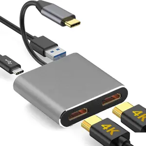 4 in 1 USB C to Dual 4K HDMI Hub with USB 3.0 and Type C PD Charge for MAC OS and Windows and Linux USB C Devices and more