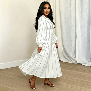 European and American fashion women's long sleeved printed dress with <b>lantern</b> sleeves and waist cinching <b>large</b> swing skirt - Product Image 5