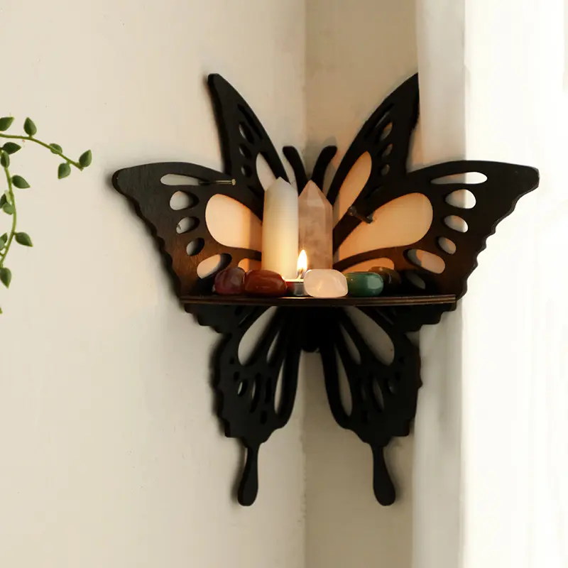 Rak kuku tampilan penyimpanan sudut dengan dekorasi dinding berbentuk kupu-kupu dirakit dekorasi ruangan rak penyimpanan kecil sudut kayu