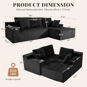 <span class=keywords><strong>Divano</strong></span> componibile senza struttura in osso per appartamento, <span class=keywords><strong>nero</strong></span>, con chaise longue a destra, a forma di L, in memory foam, seduta profonda, per <span class=keywords><strong>soggiorno</strong></span> - Product Image 2