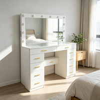Table de maquillage moderne éclairée avec miroir et tiroirs, plateau en verre, pour chambre à coucher, vente en gros