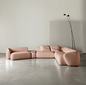 Juego Modular de Sofás Curvos Minimalistas de Lujo con Tela Bouclé, Mesa de Centro Integrada, para Interiores de Casa o Apartamento - Product Image 1