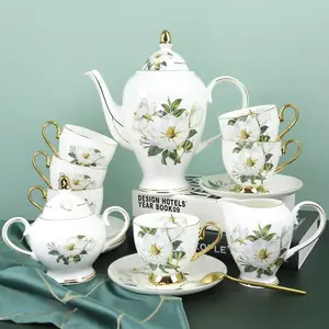 New arrival gold green pattern banquet fine bone china Royal 17 pieces afternoon coffee tea set shining golden line for adults