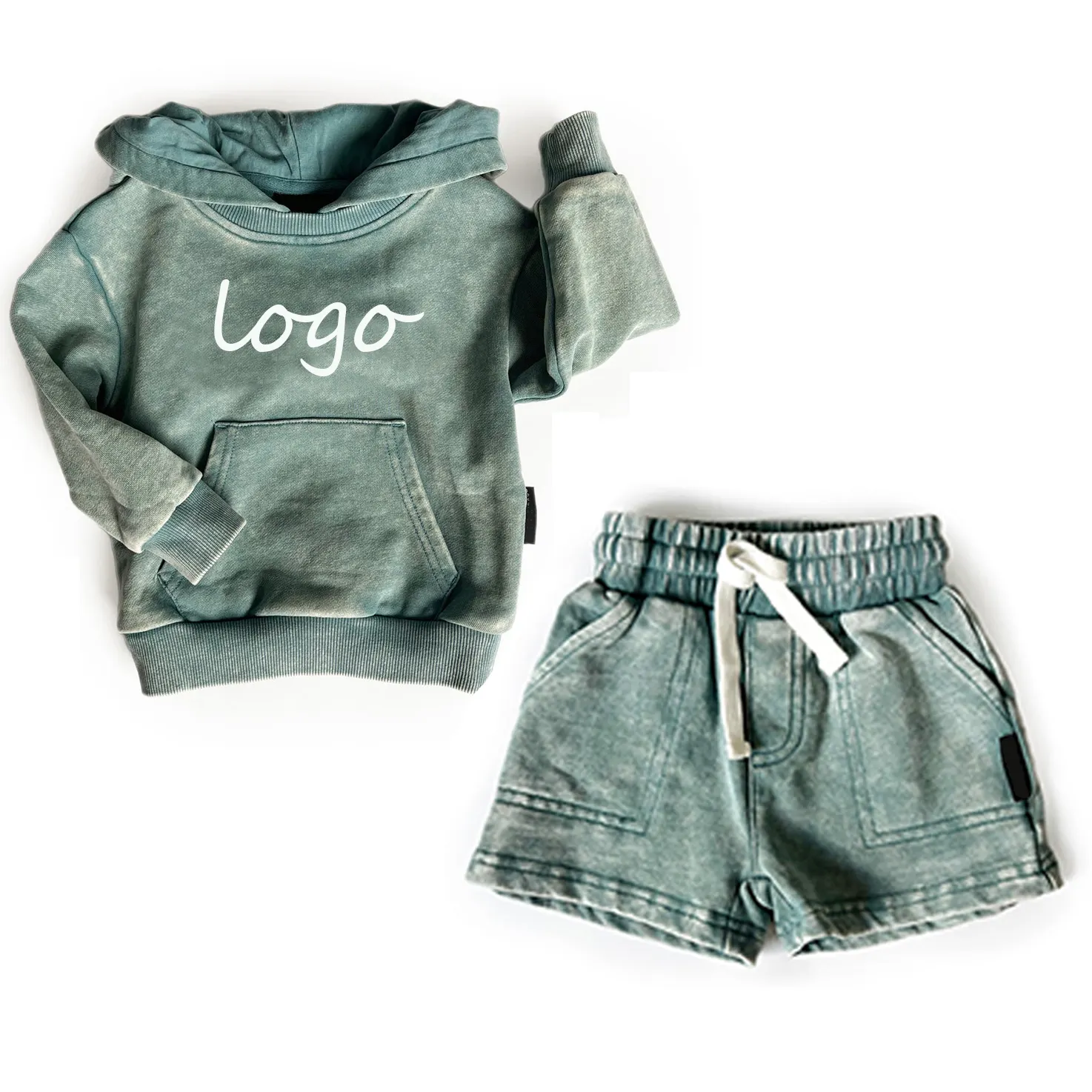 Tenues d'été pour enfants, ensemble de vêtements d'été avec étiquettes personnalisées, ensemble deux pièces, vêtements pour nouveau-né, ensemble short et sweat à capuche Green Wash Surf Camp