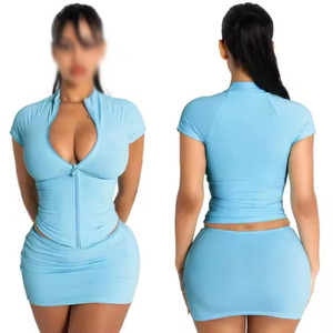 Moda estiva popolare tinta unita con cerniera aderente sexy da ragazza manica corta + gonna da 2 pezzi giacca da donna Set di abiti - Product Image 4