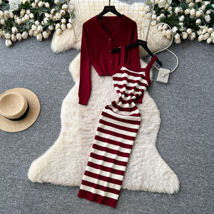 Abito autunnale da donna 2 pezzi a righe in maglia Slip a maniche lunghe Cardigan Set due pezzi da donna - Product Image 6