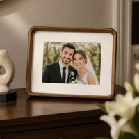 Cadre photo minimaliste créatif en bois de noyer massif avec coins arrondis, design artisanal écologique pour la décoration de mariage et de la maison