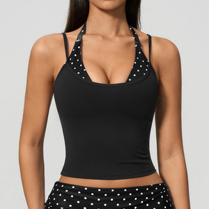 UV Protection Polka Dot 2 Piece Yoga Set Halter <b>Crop</b> <b>Top</b> Fold-over Waist Shorts 4-way Stretch Quick Dry Ruched Design Fitness - Product Image 6