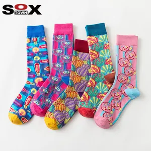 SOXTOWN wholesale comfortable colorful cute funny cotton knit yarn dyed jacquard women girls crew socks