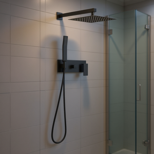 Juego de ducha de lluvia montado en la pared, latón negro mate, accesorios minimalistas para baño - Product Image 2