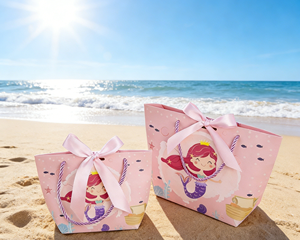 Mermaid Theme <b>Paper</b> Gift <b>Bag</b> with Handle, Made of Thick <b>White</b> Cardboard with Color Printing, Adorned with Pink Satin Ribbon Bow - Product Image 4
