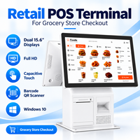 Terminal de point de vente à double écran tactile de 15,6 pouces, imprimante 80 mm, lecteur de codes-barres QR, Windows 10 pour caisse de supermarché