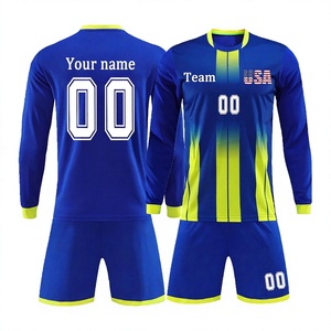 Ensemble d'uniformes de football personnalisés pour hommes, USA, maillot bleu à manches courtes, rayures jaunes dégradées, évacuation de l'humidité, antibactérien, 100% - Product Image 1