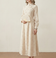 Robe midi pour femme, col mandarin, manches longues, jacquard floral, robe décontractée, tenue élégante orientale vintage, usine OEM