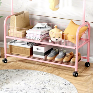 Pink Metal <b>Clothing</b> <b>Rack</b> with Wheels Double Tier Storage Shelf for Living Room Modern Multifunctional Wardrobe <b>Stand</b> - Product Image 4