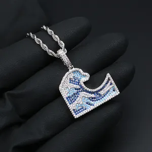 Colorful Full AAA Zirconia Ocean Waves Surfing Pendant Necklace For Men's Women Hip Hop Jewelry Gold Silver Rose Gold Rope chain