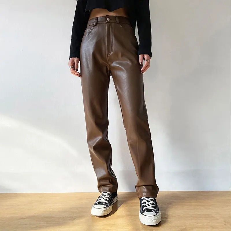 Pantalones vaqueros de piel sintética para mujer, Jeans de cintura alta, rectos, casuales, Vintage, marrón