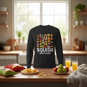 Camiseta de manga larga Squish Snack Squad con diseño gráfico temático de comida, ropa unisex - Product Image 3