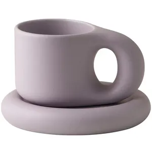 북유럽 통통한 귀여운 세라믹 커피 머그잔 컵, 핸들 세라믹 컵 접시 세트 사무실 홈, 차 우유 머그잔