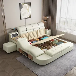 Juegos de cama inteligentes de fábrica, juegos de dormitorio de cuero blanco moderno de lujo, tamaño King