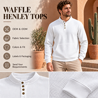 Sweat-shirt Henley pour homme en tissu gaufré, col montant, manches longues, poche kangourou, logo personnalisé, OEM, ODM, marque privée, vente en gros