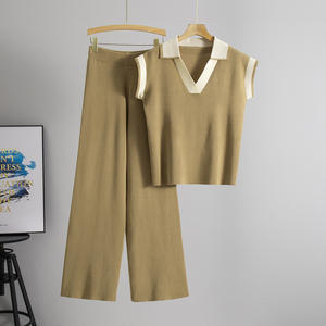 Women's New Loose Casual V-Neck Sleeveless Knit <b>Top</b> Pants 2 Piece Set Fashion - Product Image 1