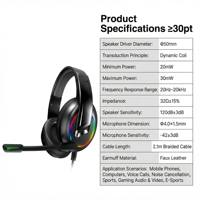 PJT-DEP2522 Casque de jeu sportif pour ordinateur de bureau avec driver dynamique RGB, personnalisé OEM, vente en gros, nouveau modèle 2026, le meilleur