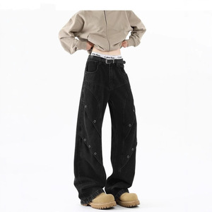 Jean large rétro bleu en denim tissé pour homme – Hiver, style urbain, taille mi-haute, respirant, séchage rapide, délavé, effet vieilli, <span class=keywords><strong>rivets</strong></span> - Product Image 2