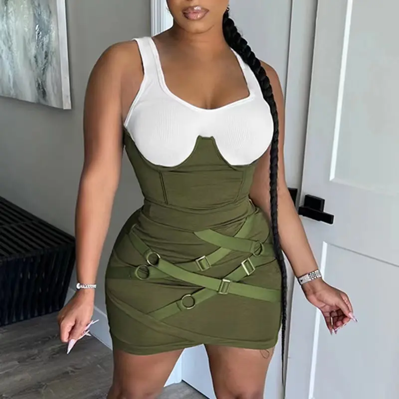 J&H 2023 new arrivals withe tank top corset mini green dress women chic y2k clothing summer trendy bodycon dress