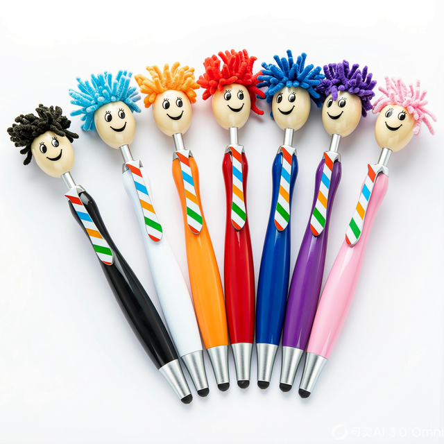 Novelty Ballpoint Pen with Custom Logo Printing Funny Mop Doll Head Stylus for Kids' Gift Orange Plastic Body