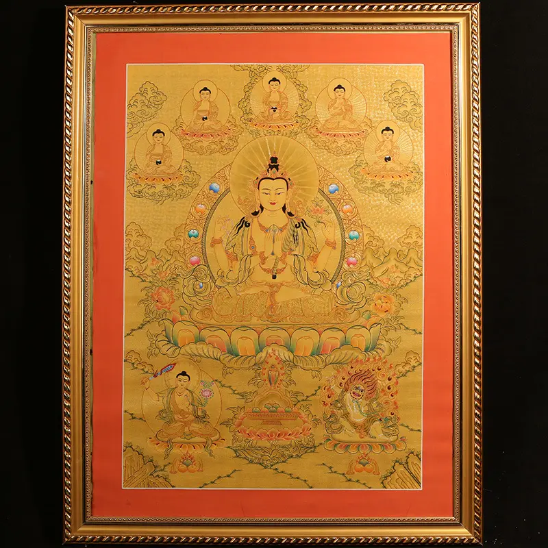 Punto de Nepal, pintado a mano thangka mandala 24 K dibujo o patrón de color dorado sentado cuatro brazos Guanyin 48*69