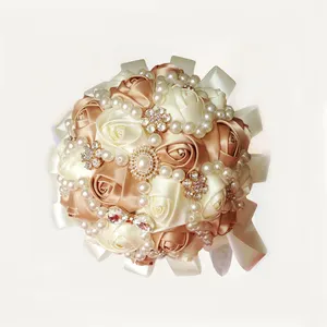 Cheap 18cm Whimsical Khaki and Ivory Bridal Bouquets Elegant Rhinestone Pearl Artificial Flower for Wedding Brides Bridesmaids