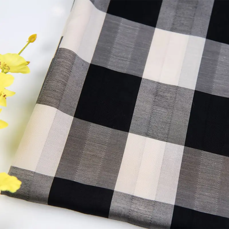 woven acetate cotton blend black and white plaid silk fabric