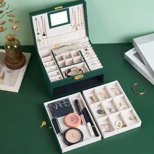High Quality Big Jewelry Storage Case Mirror Velvet Pu Leather 2 Layer Large Jewelry Box Organizer With Drawer