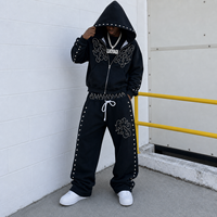 Ensemble de survêtement personnalisé pour homme noir à clous, avec logo brodé, en coton épais, deux pièces (hoodie et pantalon)